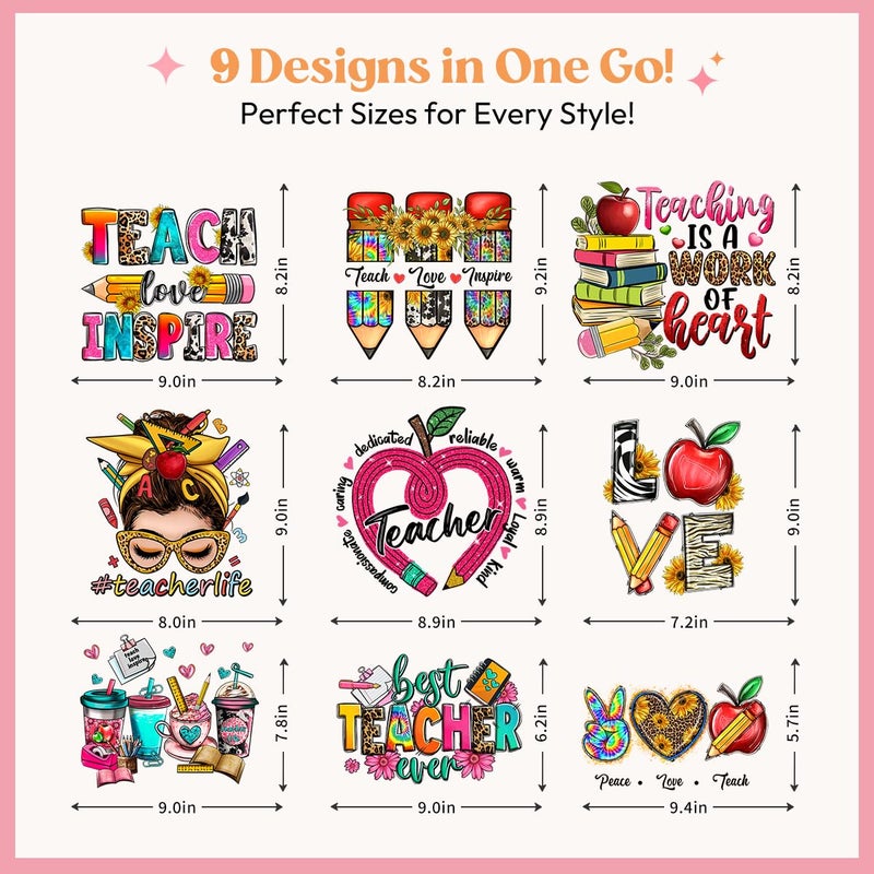 Kaciola 9 Sheets Teacher Iron on Transfers  Teacher's Day DTF Transfers Ready to Press Washable Stickers Iron on Decals for T Shirts Hoodie DIY Crafts - Image 2